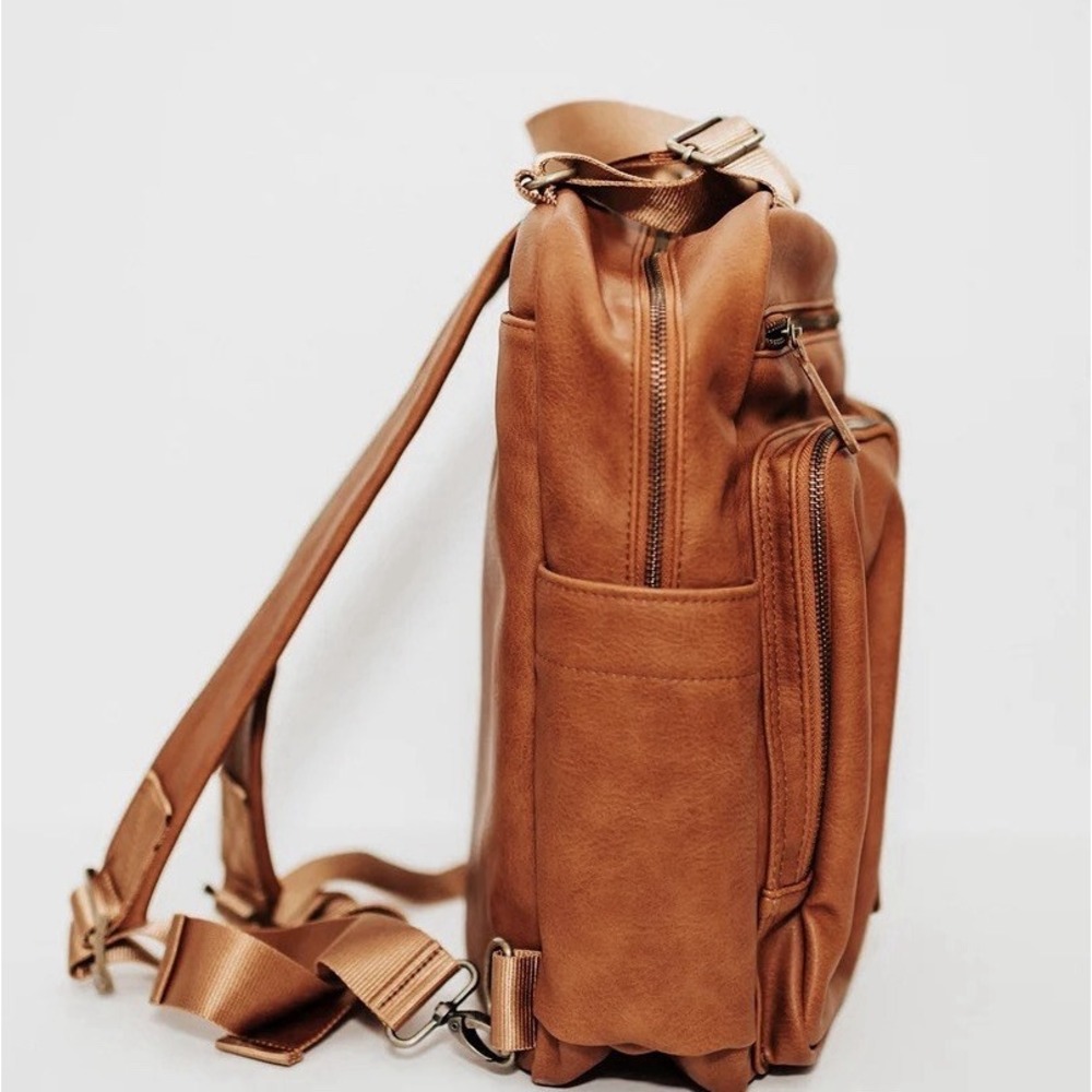Kanga Pack Classic Camel Brown Vegan Leather Diaper Bag Backpack Convertible - Picture 3 of 11